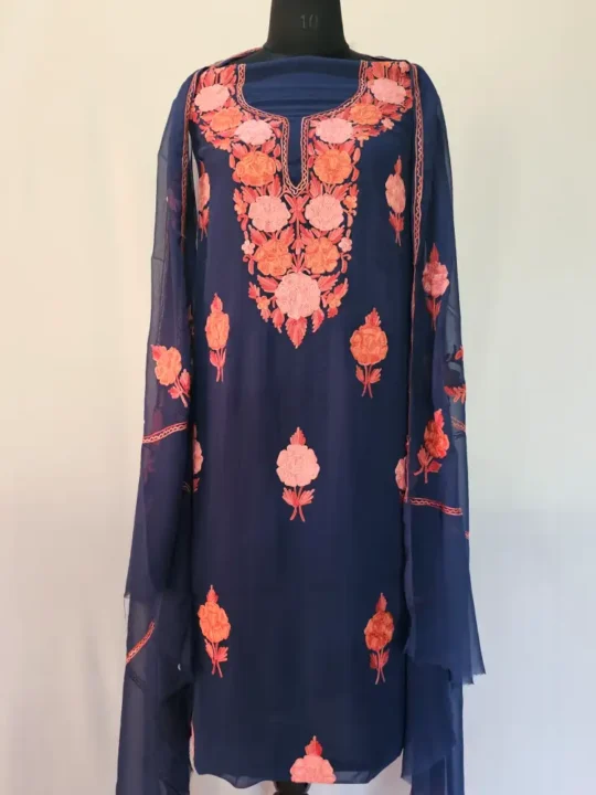 Dark Blue 3PC Ari Embroidered Georgette Kashmiri Suit Akh Rang - Dal Jheel