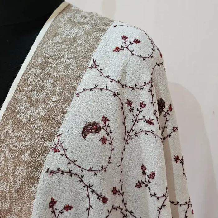 White Hand Sozni Embroidered kashmiri Polywool Shawl for Women - Image 5