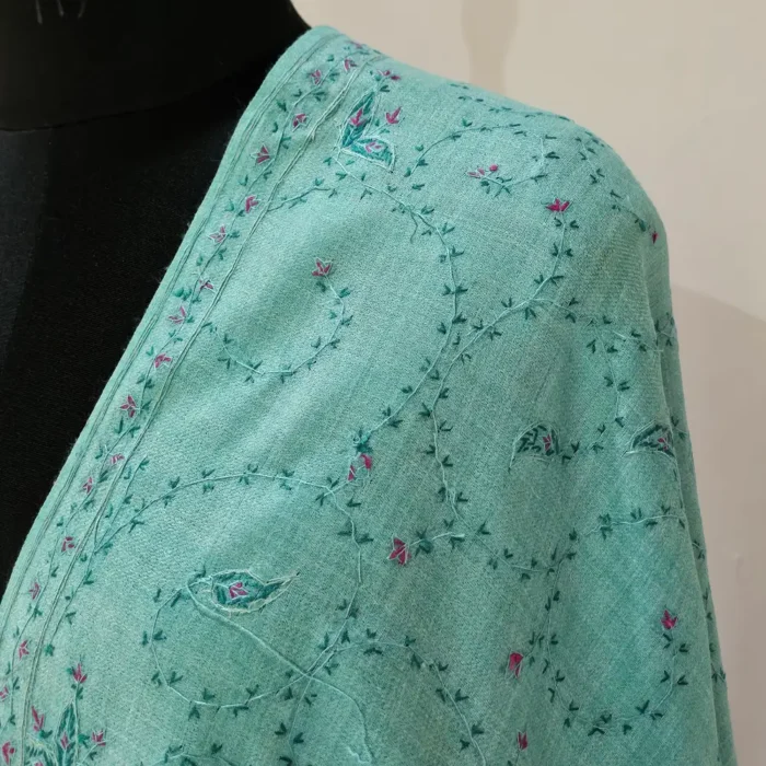 Kashmiri Green Hand Sozni Embroidered Shawl in Polywool for Women - Image 4