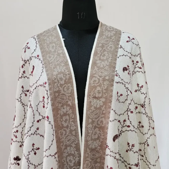 White Hand Sozni Embroidered kashmiri Polywool Shawl for Women - Image 3