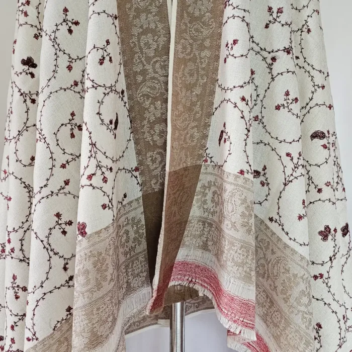 White Hand Sozni Embroidered kashmiri Polywool Shawl for Women - Image 6