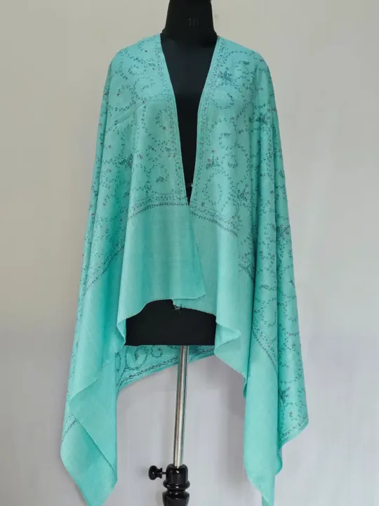 Kashmiri Green Hand Sozni Embroidered Shawl in Polywool for Women