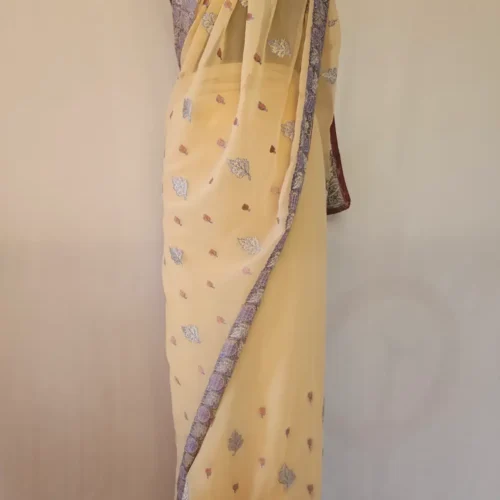 Sozni Embroidered Peach Georgette Saree from Srinagar | Lal Bazaar
