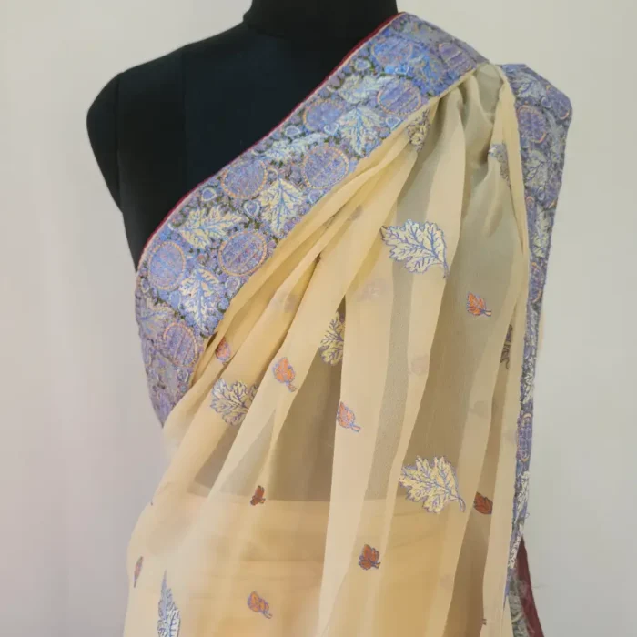 Sozni Embroidered Peach Georgette Saree from Srinagar | Lal Bazaar - Image 3