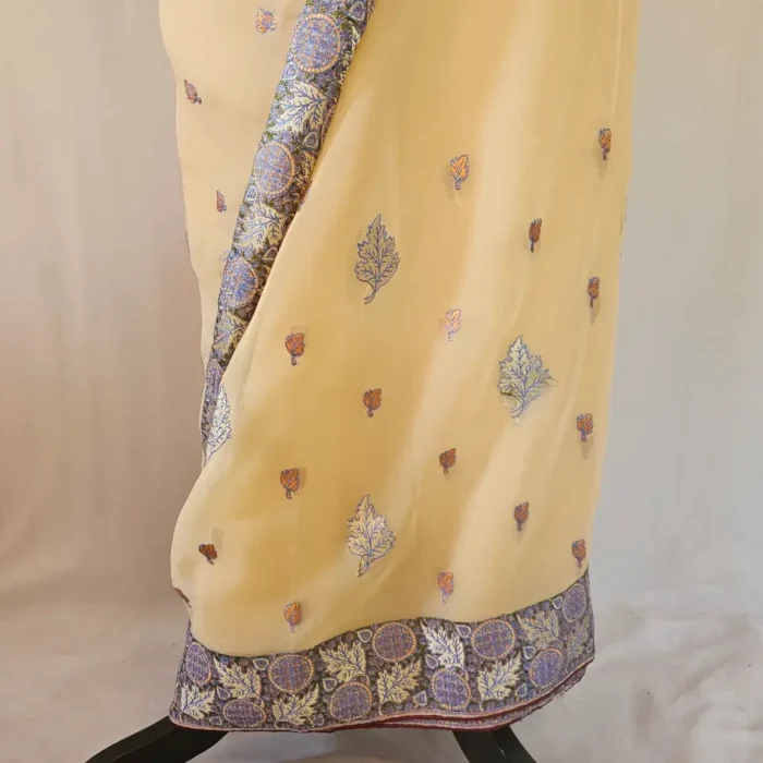 Sozni Embroidered Peach Georgette Saree from Srinagar | Lal Bazaar - Image 4