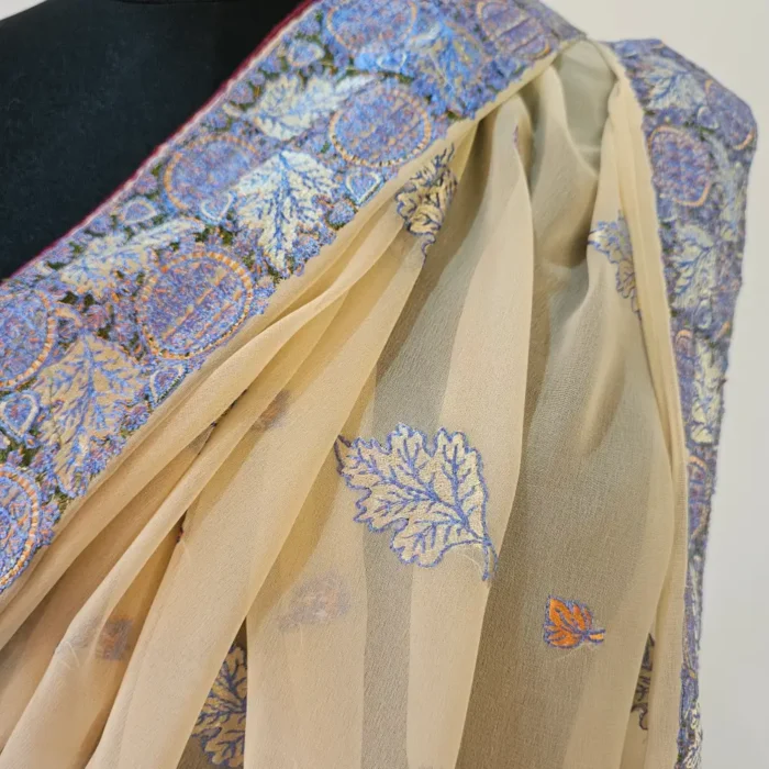 Sozni Embroidered Peach Georgette Saree from Srinagar | Lal Bazaar - Image 5