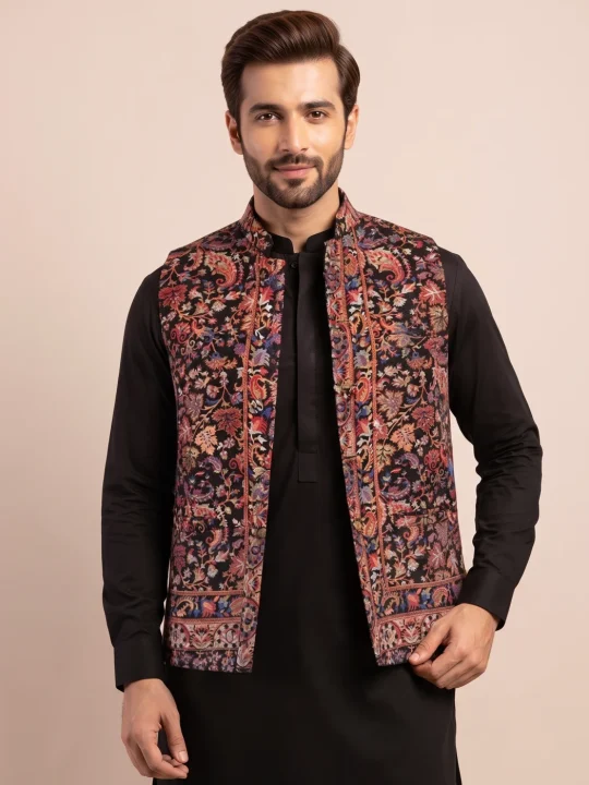 Kashmiri Men Kani Black Nehru Jacket With Zari | Waist Coat - Lal Bazaar Collection