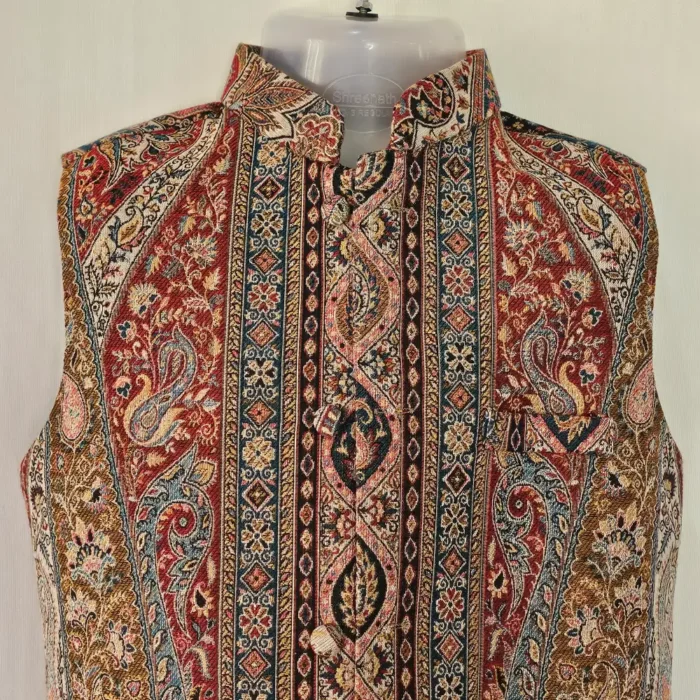Green and Black Kani Pattern Waistcoat for Children - Made in Kashmir - Image 2