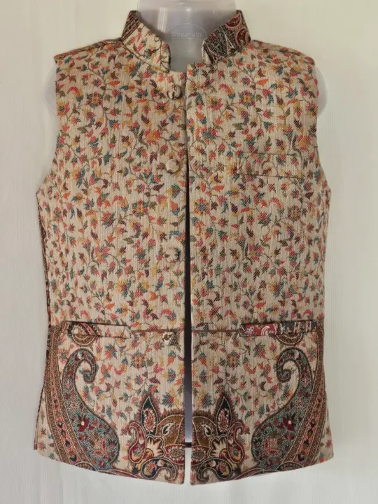 Kashmiri Beige Kani Waistcoat in Polywool for Kids