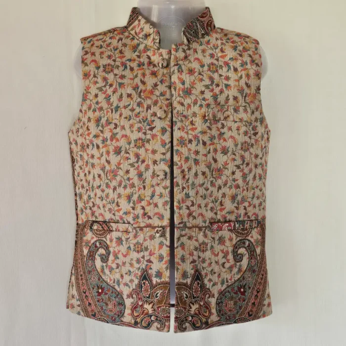 Kashmiri Beige Kani Waistcoat in Polywool for Kids