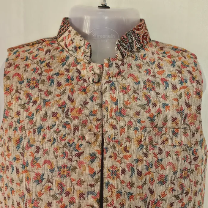 Kashmiri Beige Kani Waistcoat in Polywool for Kids - Image 2