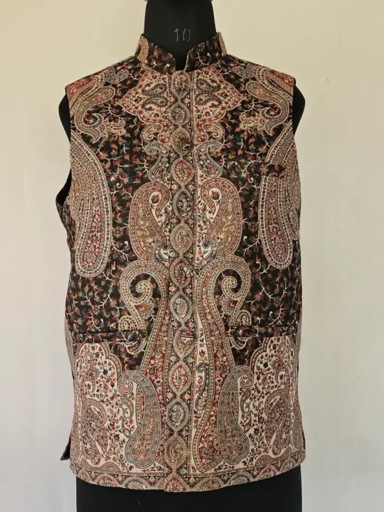 Men Kashmiri Dark Brown Kani Jacket | Waist Coat - Lal Bazaar