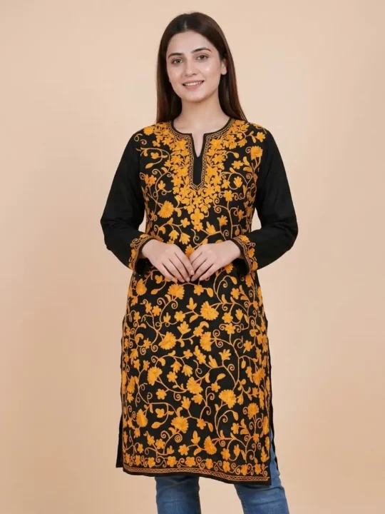 Kashmiri Black Cotton Kurti With All Over Jaal Ari Embroidery - Dal Jheel