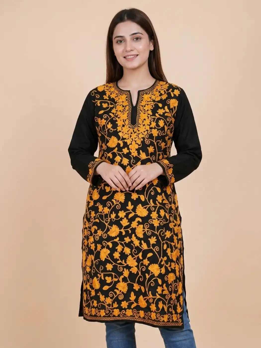 Kashmiri Black Cotton Kurti With All Over Jaal Ari Embroidery - Dal Jheel