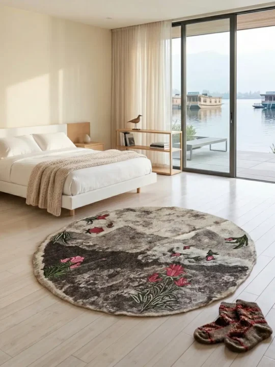 Premium Black Round Namda in Sheep Wool | Beautiful Mount Harmukh Background and Hand Aari Designed Tulips – 4.3 feet