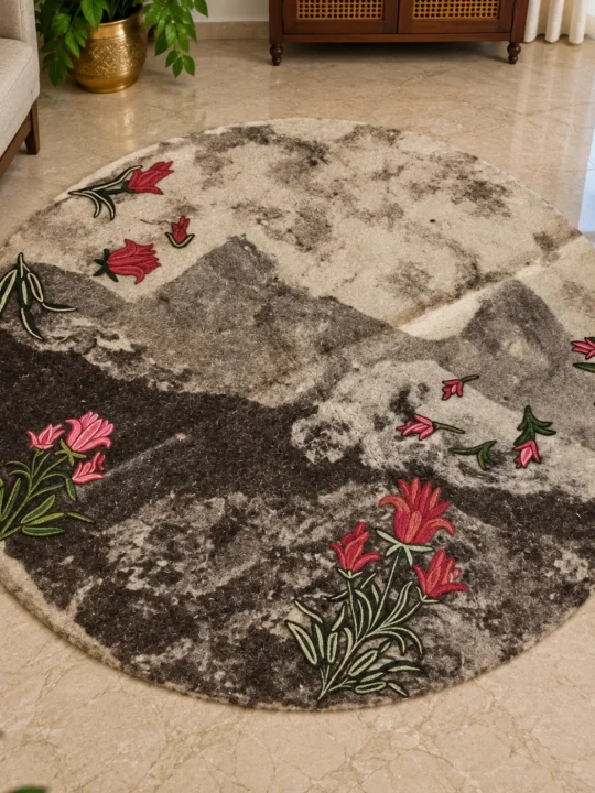 Premium Black Round Namda in Sheep Wool | Beautiful Mount Harmukh Background and Hand Aari Designed Tulips – 4.3 feet