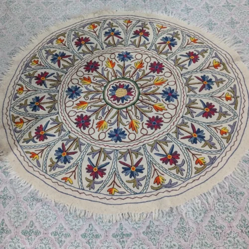 Kashmiri 5 ft Round Wool Namda with Hand Aari Embroidery