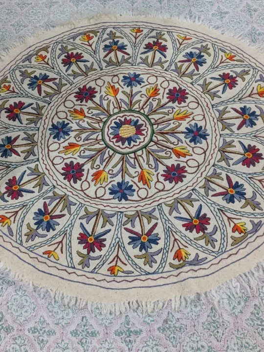 Kashmiri 5 ft Round Wool Namda with Hand Aari Embroidery
