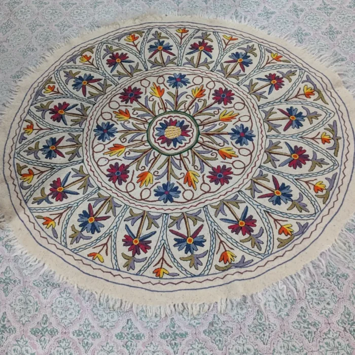 Kashmiri 5 ft Round Wool Namda with Hand Aari Embroidery