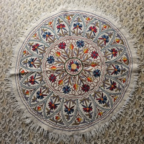 Kashmiri 5 ft Round Wool Namda with Hand Aari Embroidery