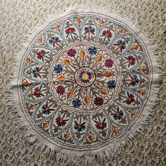 Kashmiri 5 ft Round Wool Namda with Hand Aari Embroidery