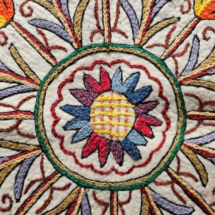 Kashmiri 5 ft Round Wool Namda with Hand Aari Embroidery - Image 2