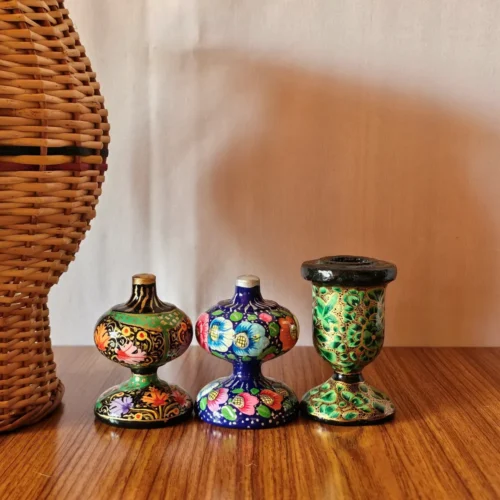 Kashmiri Paper Machie Set – 2 Incense Holders & 1 Candle Stand (Set of 3)