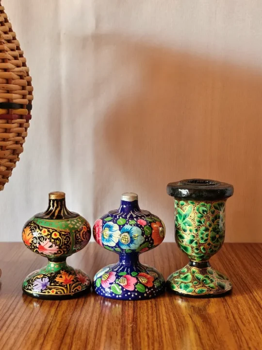 Kashmiri Paper Machie Set – 2 Incense Holders & 1 Candle Stand (Set of 3)