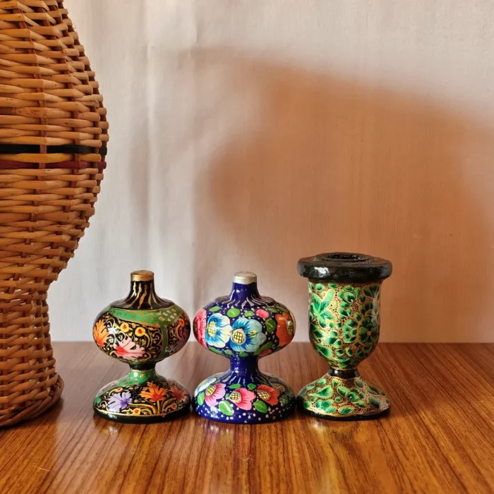 Kashmiri Paper Machie Set – 2 Incense Holders & 1 Candle Stand (Set of 3)