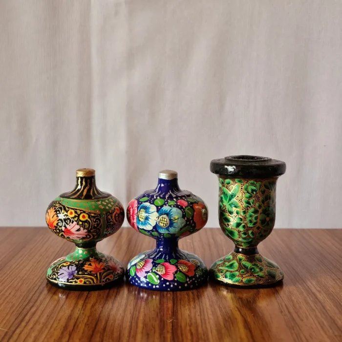 Kashmiri Paper Machie Set – 2 Incense Holders & 1 Candle Stand (Set of 3) - Image 2