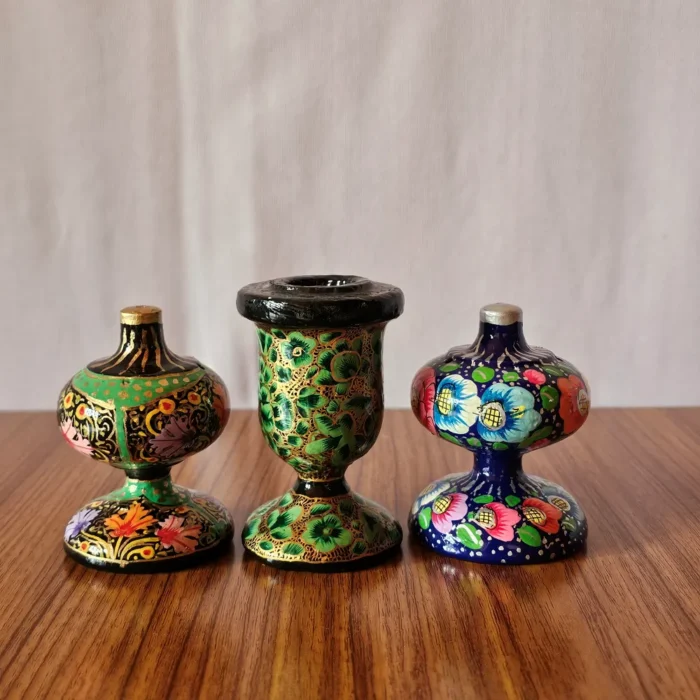 Kashmiri Paper Machie Set – 2 Incense Holders & 1 Candle Stand (Set of 3) - Image 4