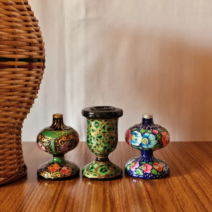 Kashmiri Paper Machie Set – 2 Incense Holders & 1 Candle Stand (Set of 3) - Image 3