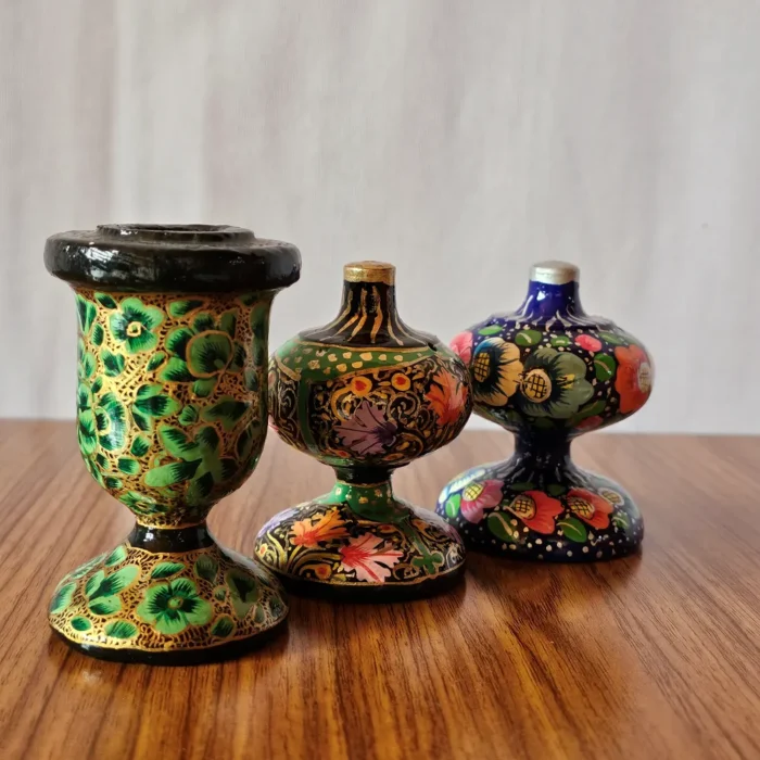 Kashmiri Paper Machie Set – 2 Incense Holders & 1 Candle Stand (Set of 3) - Image 7