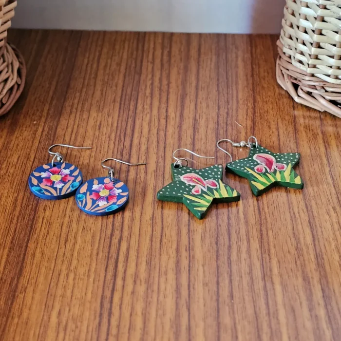 Kashmiri Paper Machie Earrings – Star & Circle Pair Set - Image 2