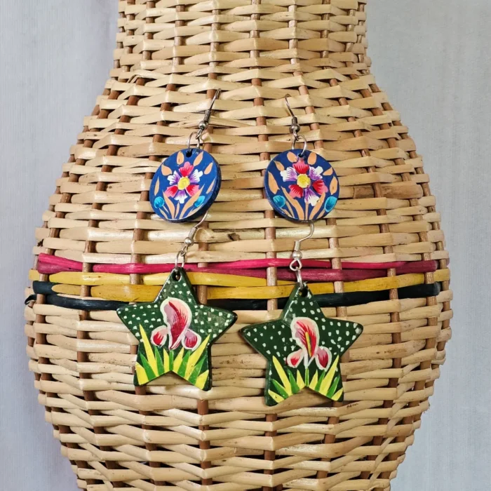 Kashmiri Paper Machie Earrings – Star & Circle Pair Set - Image 3