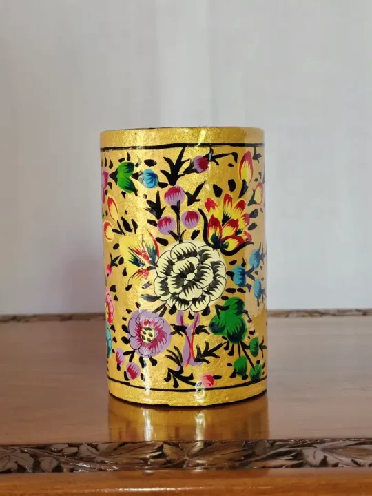 Kashmiri Paper Machie Yellow Pen Stand in Classic Paisley Design