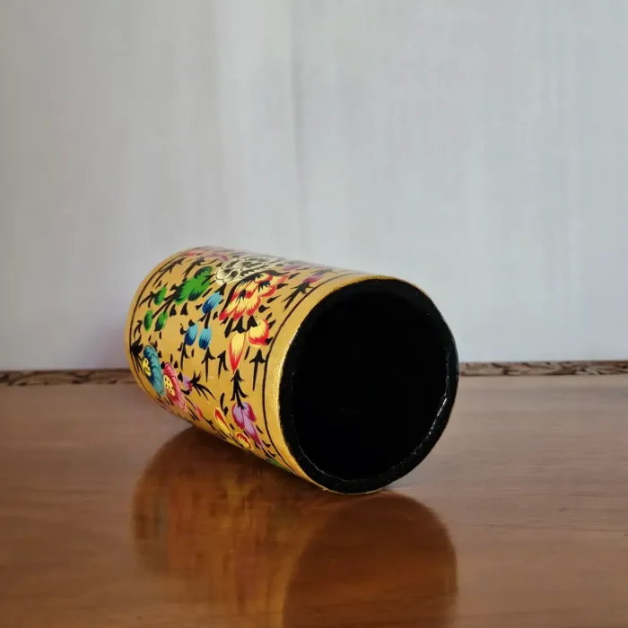 Kashmiri Paper Machie Yellow Pen Stand in Classic Paisley Design - Image 3