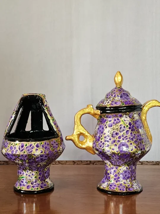 Kashmiri Paper Machie Set – Purple Patterned Kangri and Samavar - Image 2
