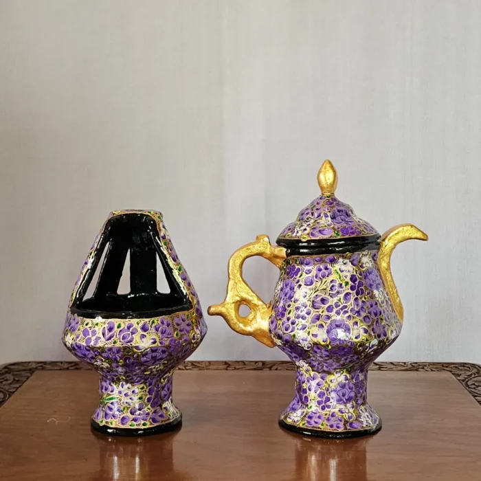 Kashmiri Paper Machie Set – Purple Patterned Kangri and Samavar - Image 2