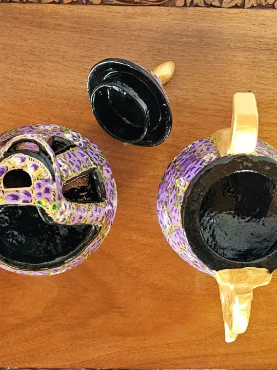 Kashmiri Paper Machie Set – Purple Patterned Kangri and Samavar - Image 3