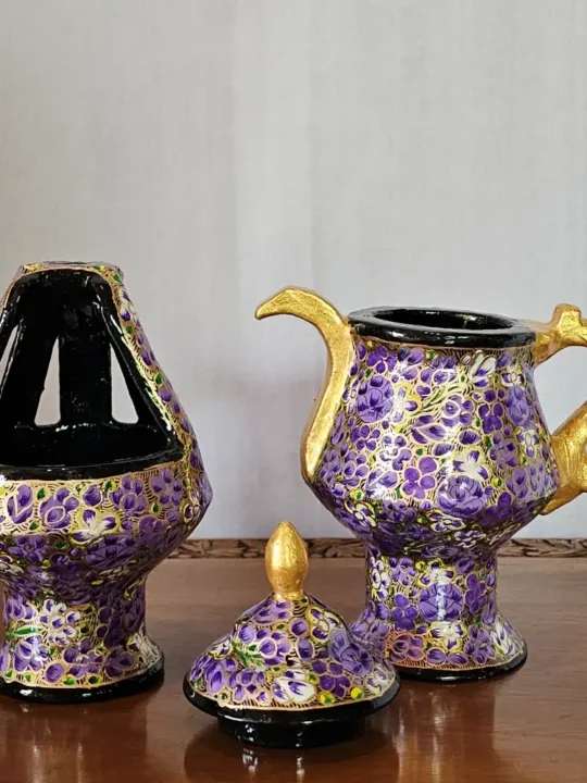 Kashmiri Paper Machie Set – Purple Patterned Kangri and Samavar - Image 4