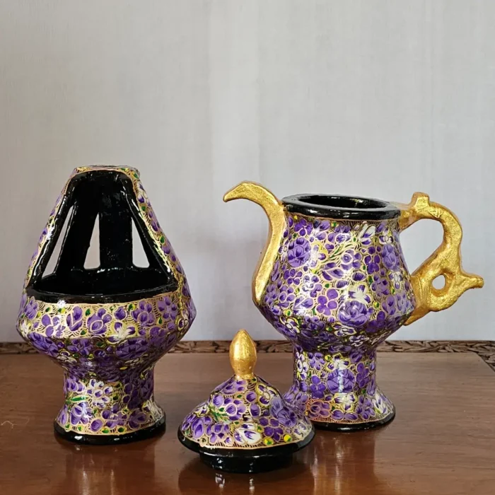 Kashmiri Paper Machie Set – Purple Patterned Kangri and Samavar - Image 4