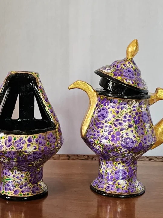 Kashmiri Paper Machie Set – Purple Patterned Kangri and Samavar