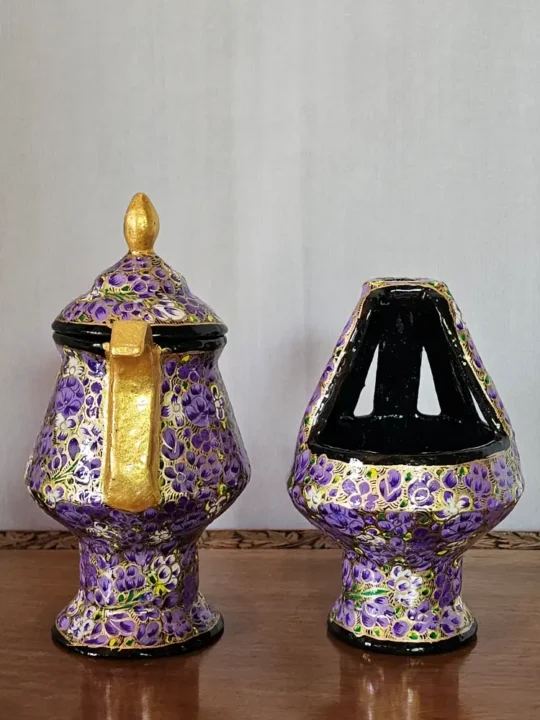 Kashmiri Paper Machie Set – Purple Patterned Kangri and Samavar - Image 5