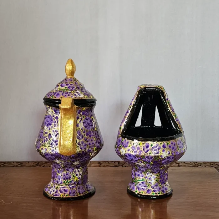 Kashmiri Paper Machie Set – Purple Patterned Kangri and Samavar - Image 5