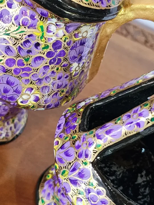 Kashmiri Paper Machie Set – Purple Patterned Kangri and Samavar - Image 6