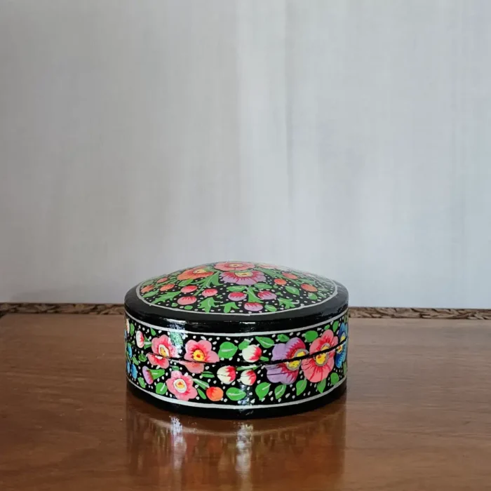 Kashmiri Paper Machie Round Coaster Box – Blue Floral - Image 3