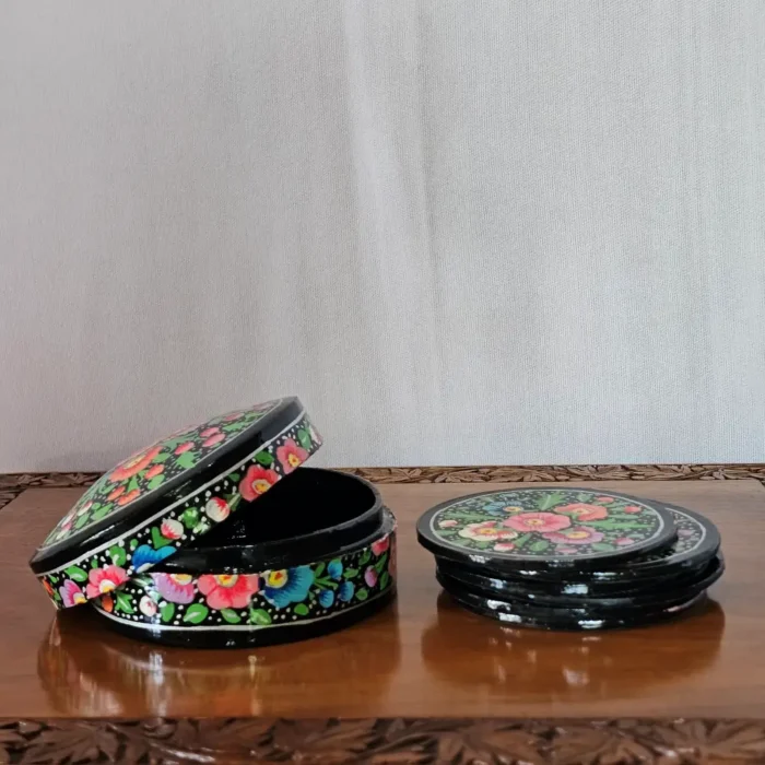 Kashmiri Paper Machie Round Coaster Box – Blue Floral