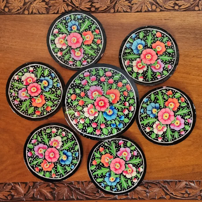 Kashmiri Paper Machie Round Coaster Box – Blue Floral - Image 6