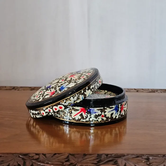 Kashmiri Paper Machie Round Coaster Box – Red Blossom - Image 3